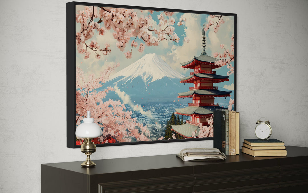 Japanese Pagoda, Cherry Blossom And Mt Fuji Ukiyo-e Style Wall Art