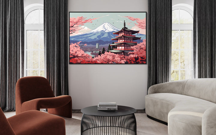 Japanese Pagoda, Cherry Blossom And Mt Fuji Ukiyo-e Style Wall Art