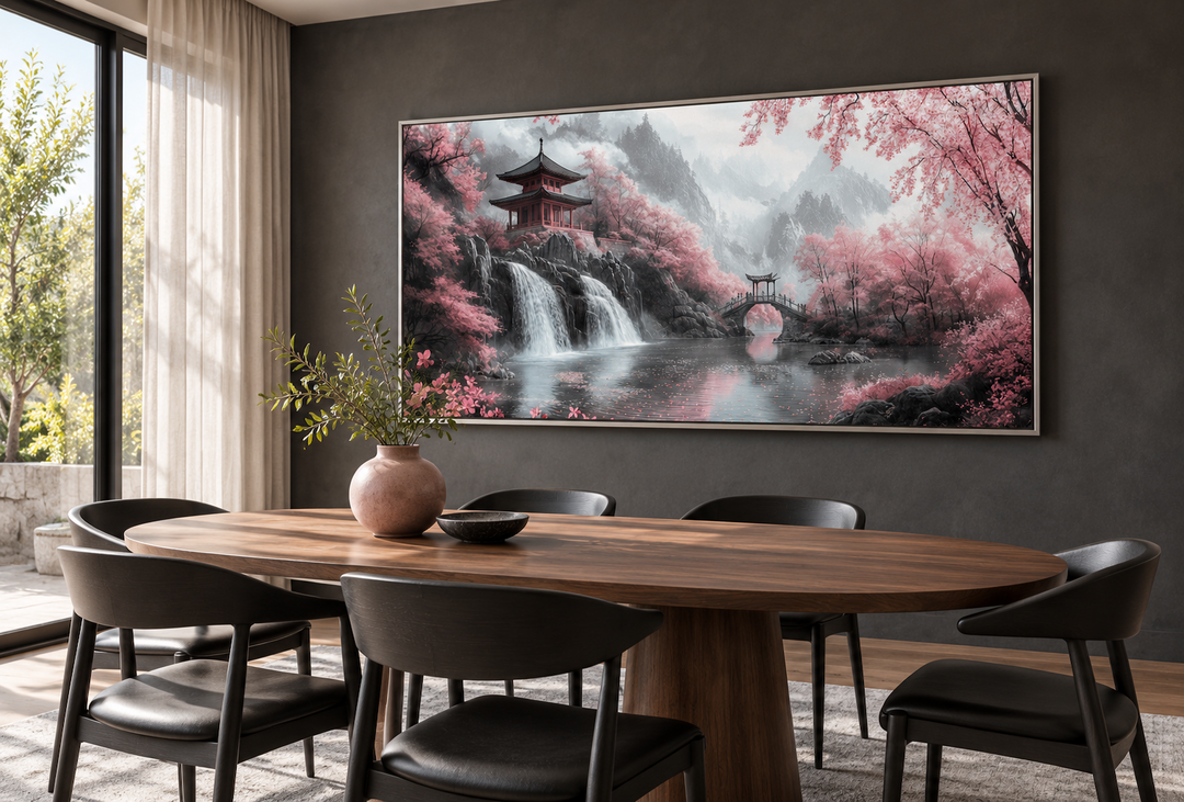 Framed canvas art of a Japanese pagoda, waterfall, and pink cherry blossoms in a modern dining room.