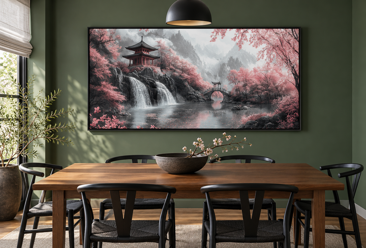 Japanese pagoda and pink cherry blossom trees framed canvas wall art in a green dining room.