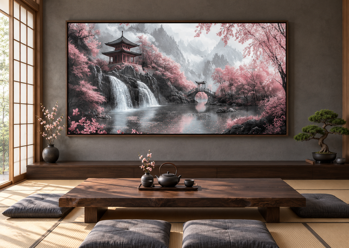 Framed canvas wall art of a Japanese pagoda, waterfall, and pink cherry blossoms in a Zen tea room.