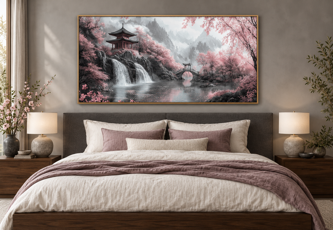 Japanese pagoda and pink cherry blossom trees framed canvas wall art above a bed in a bedroom.