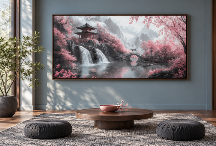 Japanese Pagoda and Pink Cherry Blossom Trees framed canvas art in a Zen-style meditation room.