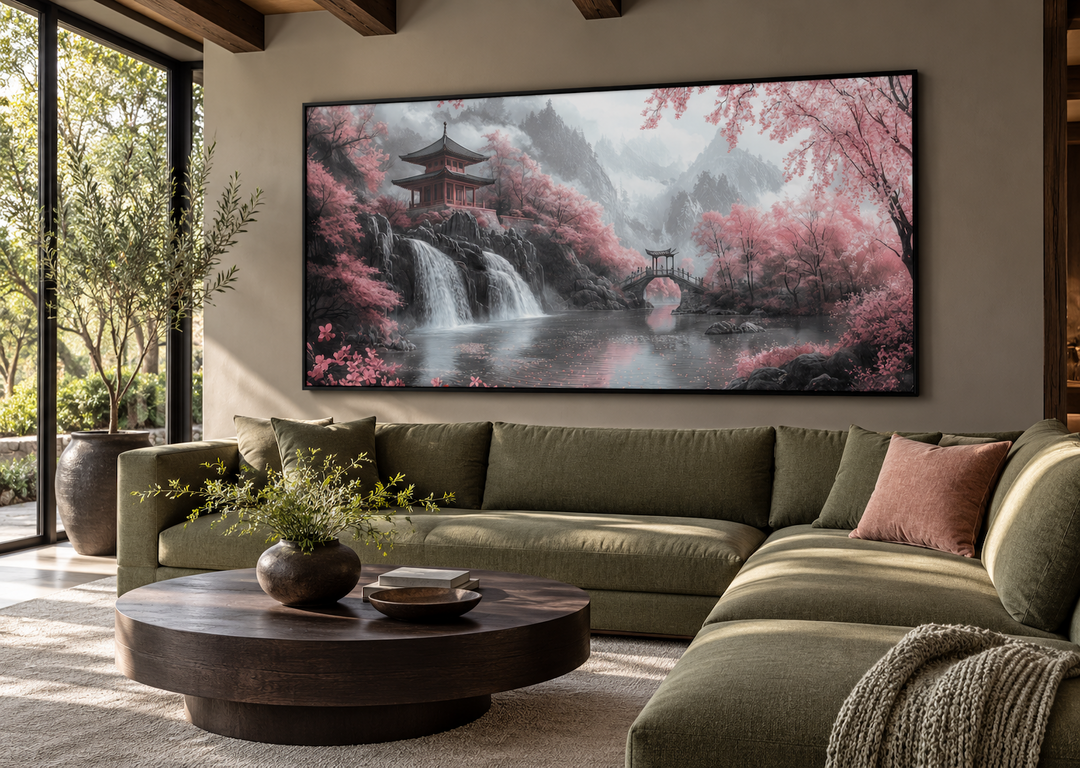Japanese pagoda and pink cherry blossom trees framed canvas wall art above a green sectional sofa.
