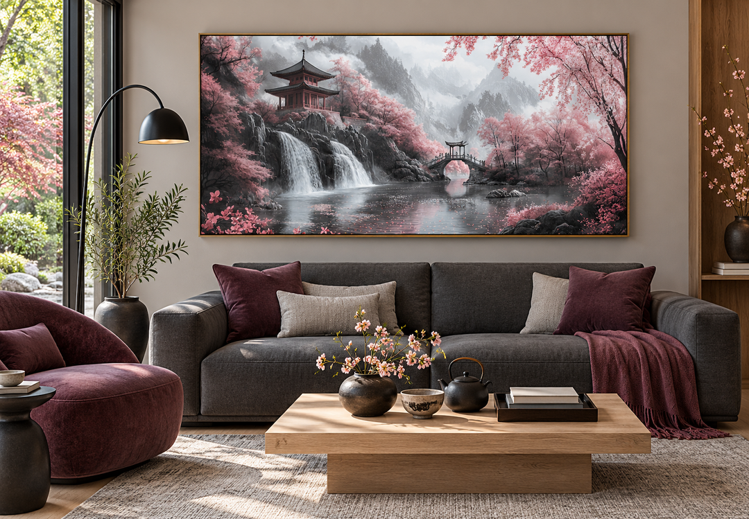 Japanese Pagoda and Pink Cherry Blossom Trees framed canvas wall art above a grey sofa.