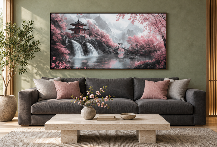 Japanese pagoda and pink cherry blossom trees framed canvas wall art above a grey sofa.