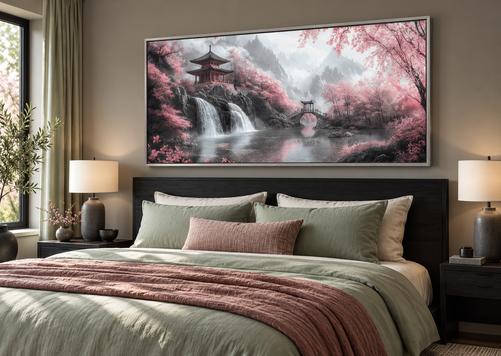 Japanese pagoda and pink cherry blossom trees framed canvas wall art above a bed in a bedroom.