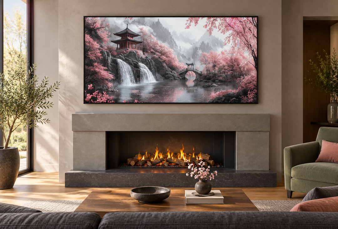 Framed canvas art of a Japanese pagoda and pink cherry blossoms above a modern fireplace.