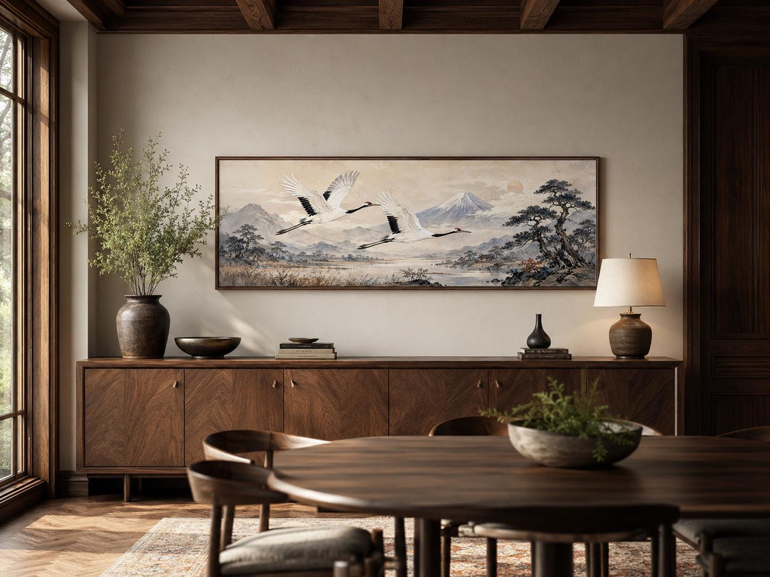 Wide horizontal canvas of Japanese watercolor red-crowned cranes flying over misty mountains.