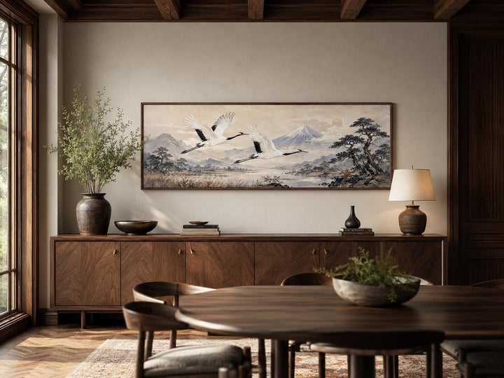 Wide horizontal canvas of Japanese watercolor red-crowned cranes flying over misty mountains.
