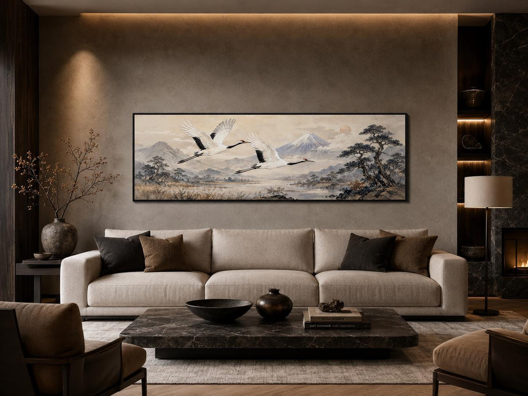 Japanese watercolor canvas of red-crowned cranes over misty mountains in a zen living room.