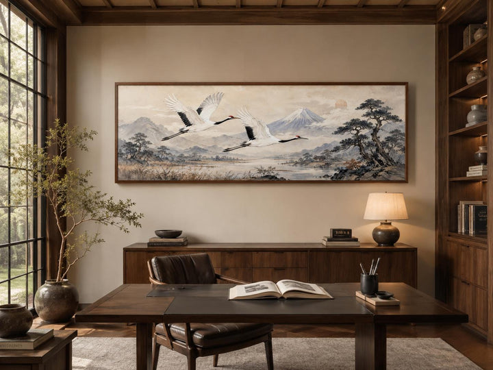 Japanese watercolor canvas of red-crowned cranes flying over misty mountains in a wooden frame.