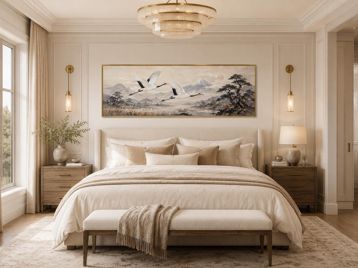 Japanese watercolor canvas of red-crowned cranes over misty mountains above a neutral-toned bed.