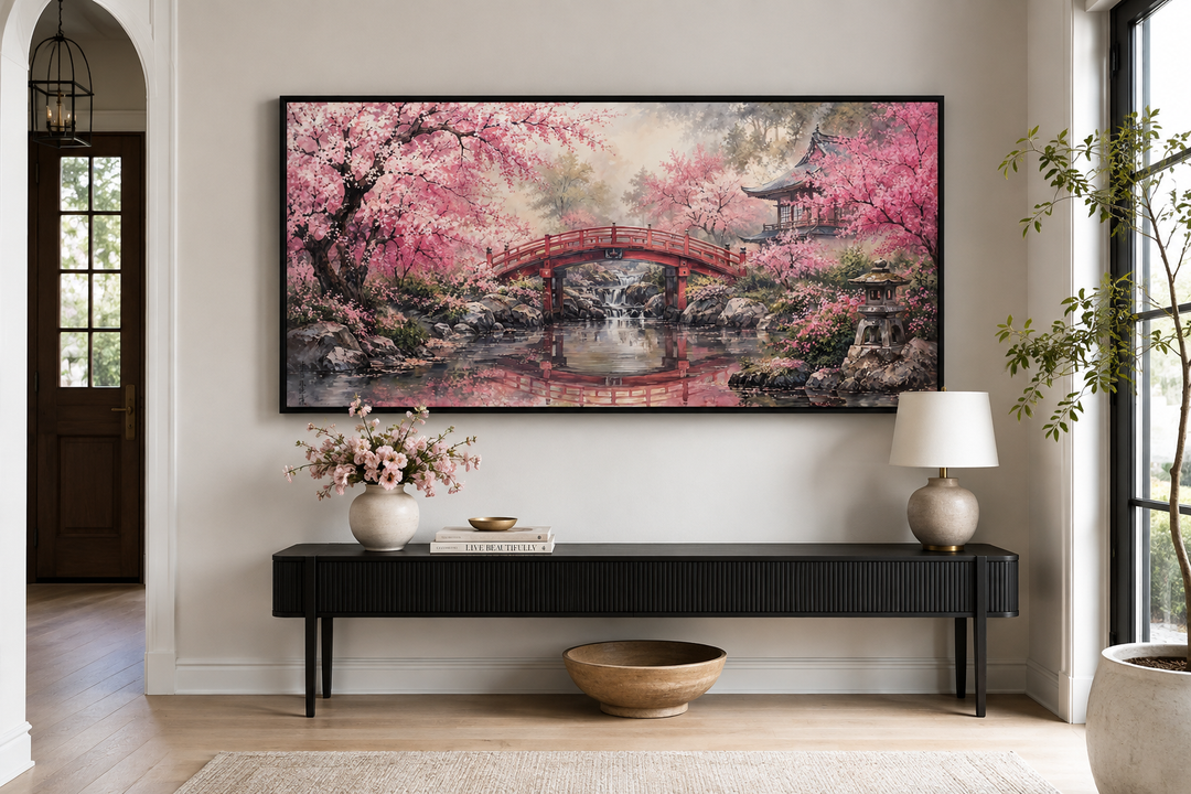 Japanese cherry blossom garden framed canvas wall art with a red bridge and pagoda over a pond.