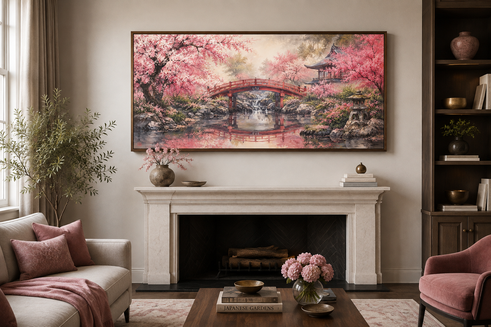 Japanese cherry blossom garden framed canvas wall art above a fireplace in a living room.