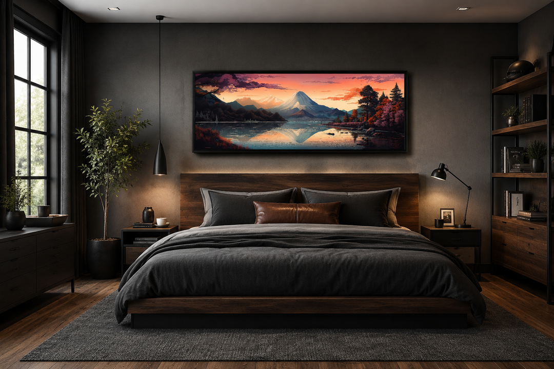 Framed horizontal canvas of Mt. Fuji and Lake Kawaguchiko hanging above a bed in a modern bedroom.