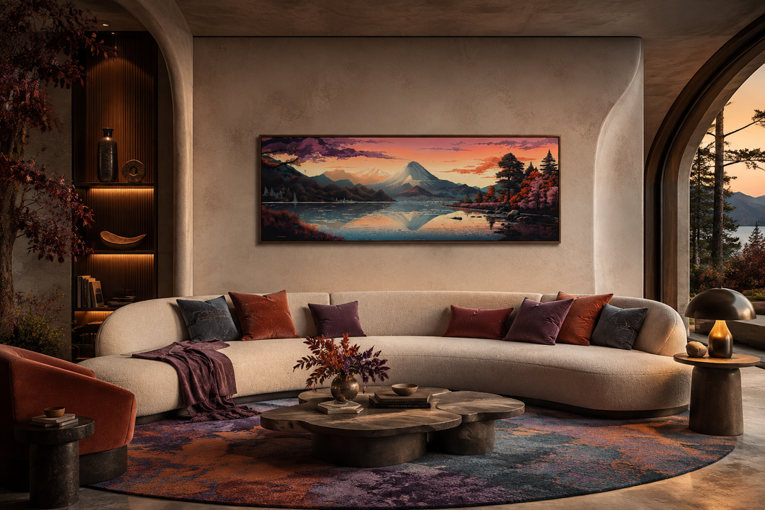 Horizontal framed canvas of Mt. Fuji and Lake Kawaguchiko in a modern living room setting.