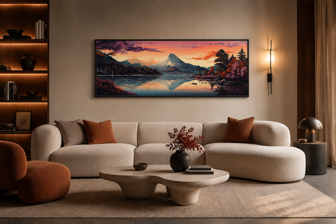Horizontal framed canvas of Mt. Fuji and Lake Kawaguchiko in a modern living room setting.