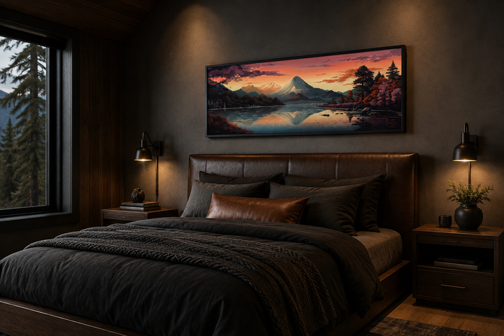 Horizontal framed canvas of Mt. Fuji and Lake Kawaguchiko hanging above a bed in a dark bedroom.