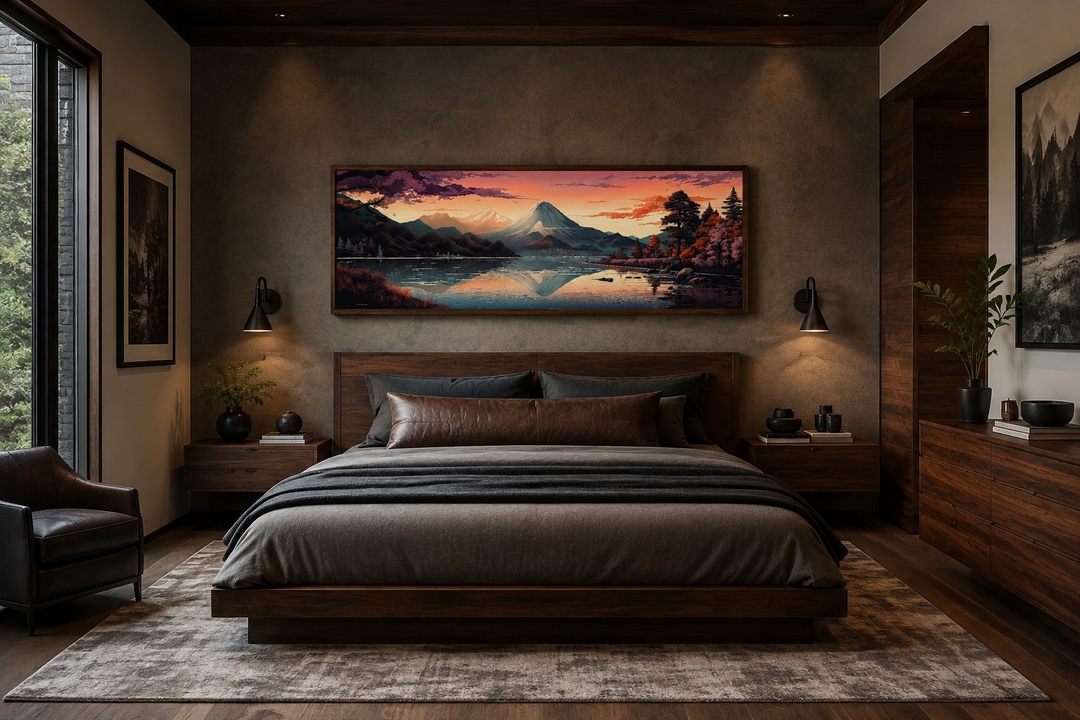 Horizontal framed canvas of Mt. Fuji and Lake Kawaguchiko landscape above a bed in a dark bedroom.