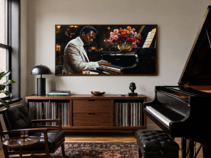 African American piano player jazz music framed canvas wall art hanging above a wooden sideboard.