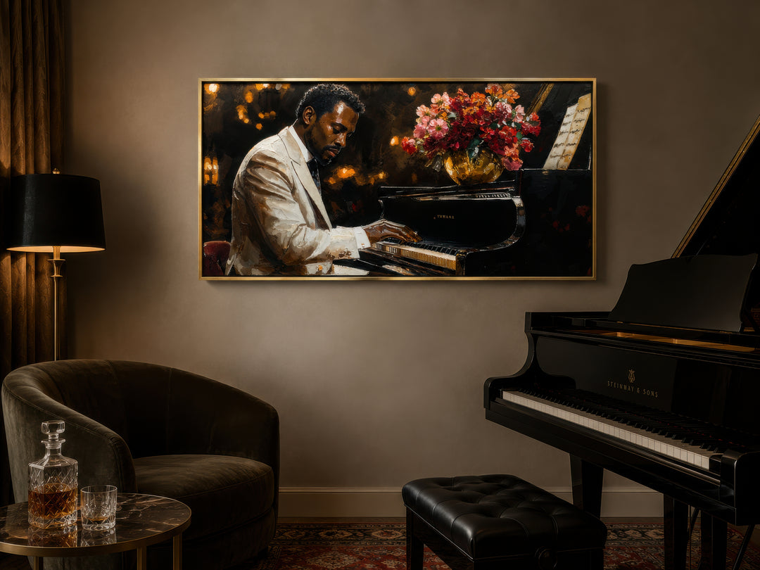 Framed canvas wall art of an African American man playing a piano, hung in a music room.