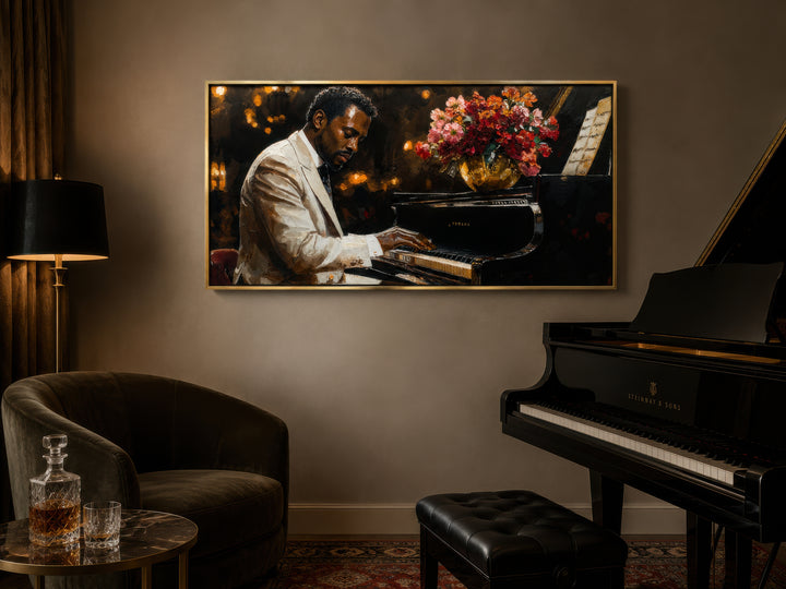 Framed canvas wall art of an African American man playing a piano, hung in a music room.