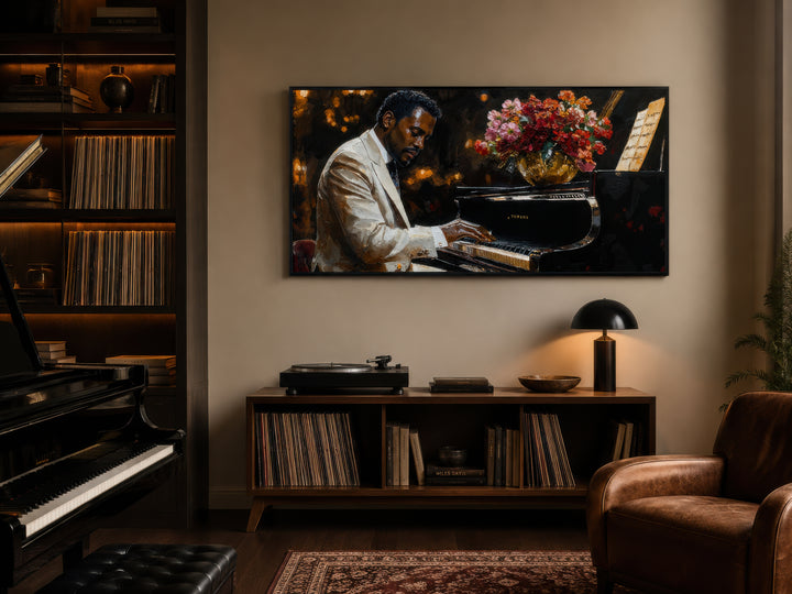 African American piano player jazz music framed canvas wall art hanging above a record console.
