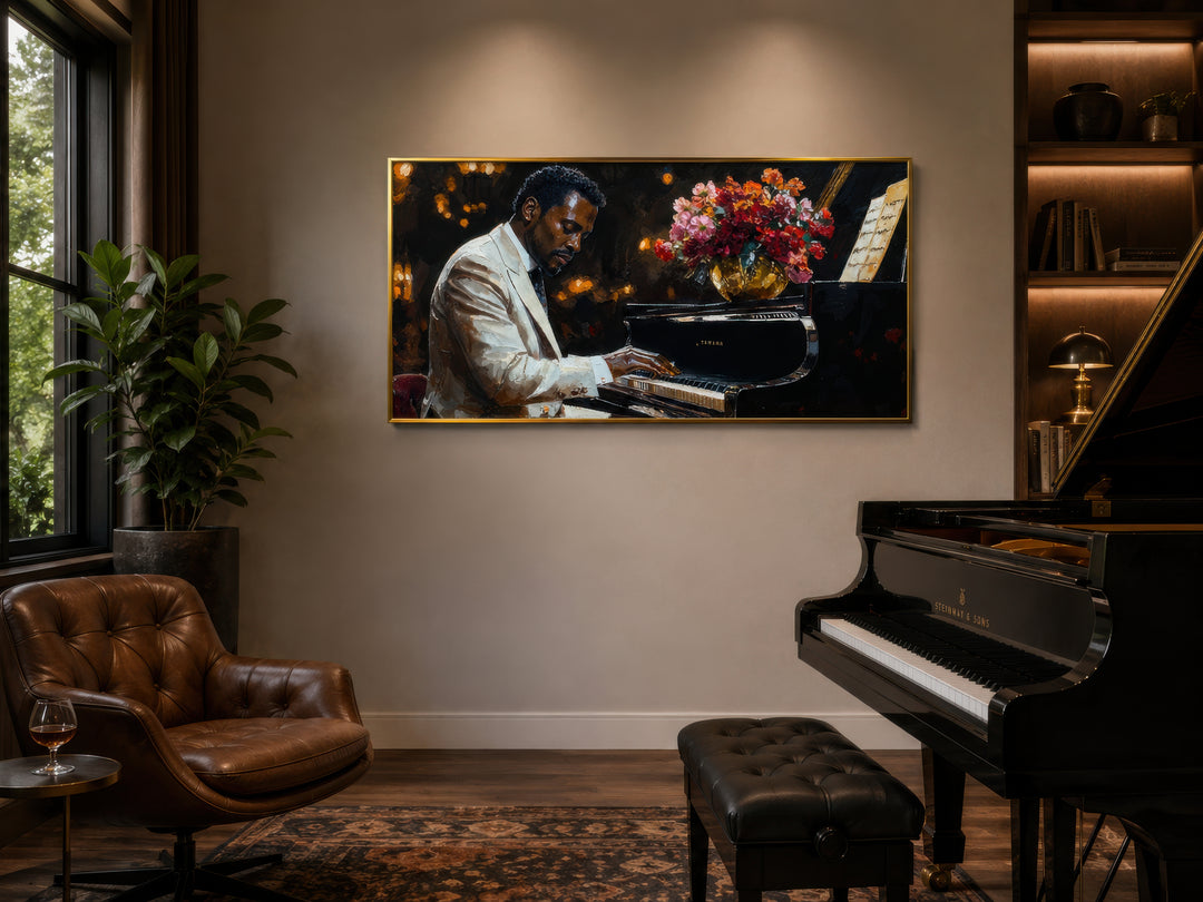 Framed canvas wall art of an African American jazz pianist playing a grand piano.