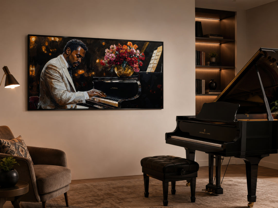 Framed canvas wall art of an African American man playing a piano, hanging in a music room.