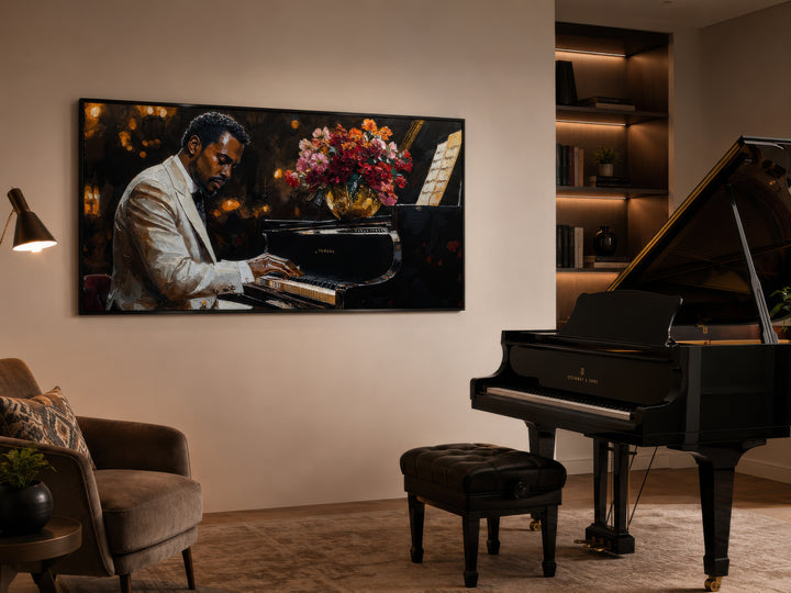 Framed canvas wall art of an African American man playing a piano, hanging in a music room.