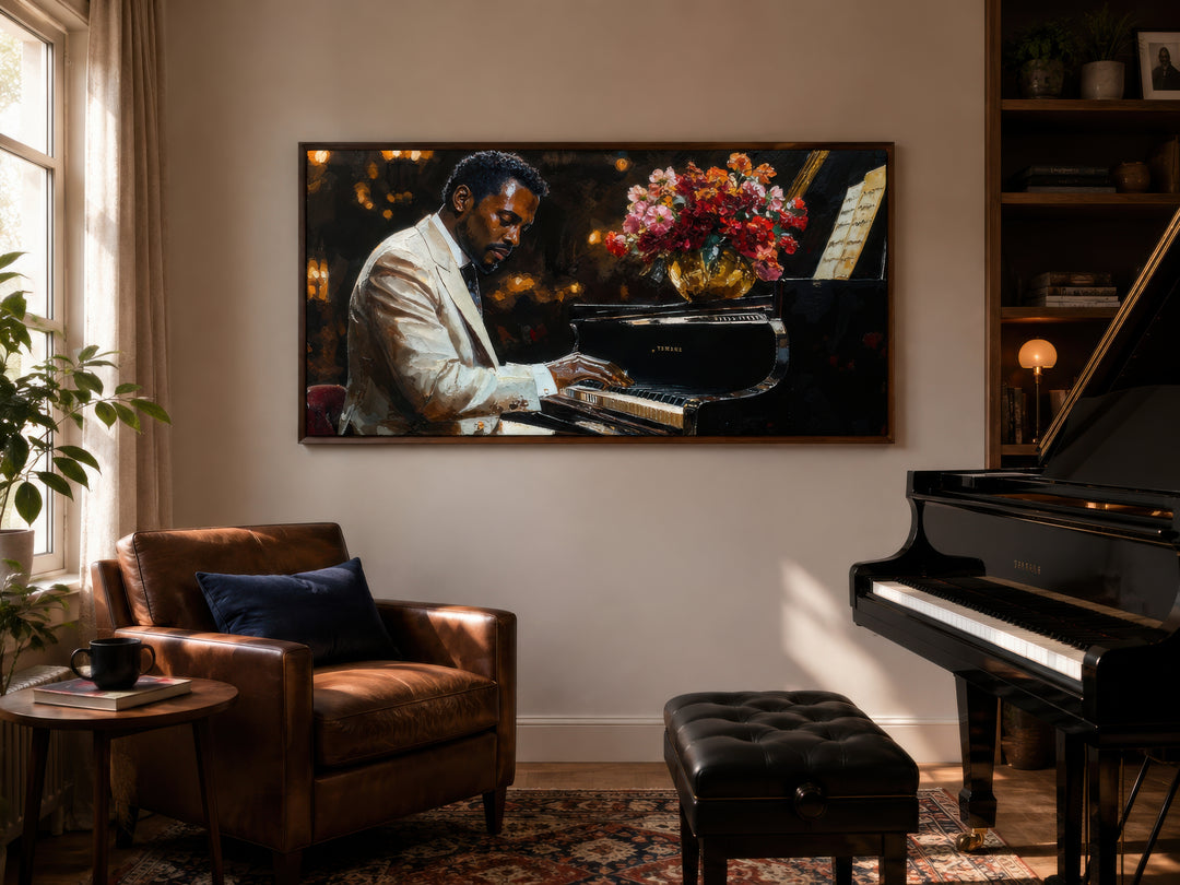 Framed canvas wall art of an African American man playing a piano, hanging in a music room.