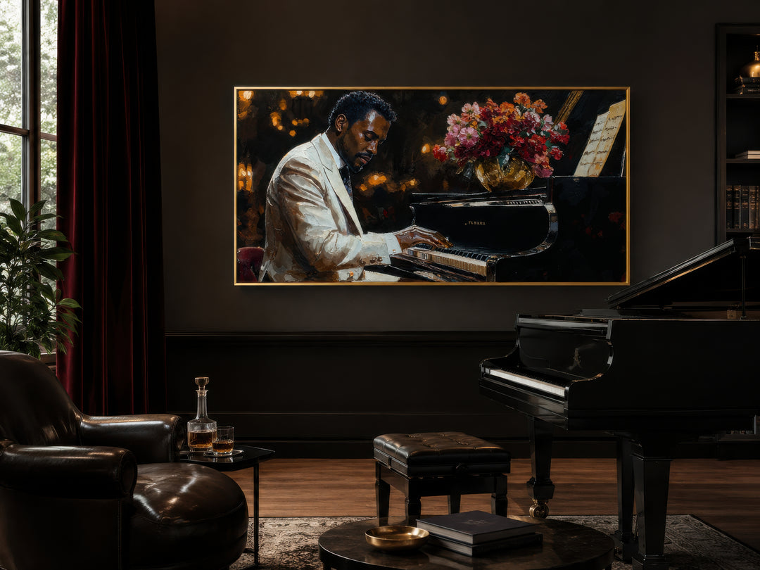 Framed canvas wall art of an African American man playing a piano in a jazz music style.