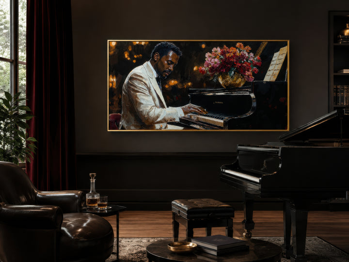 Framed canvas wall art of an African American man playing a piano in a jazz music style.