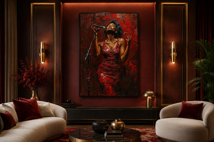 Framed canvas art of an African American woman jazz singer in a red dress in a modern living room.