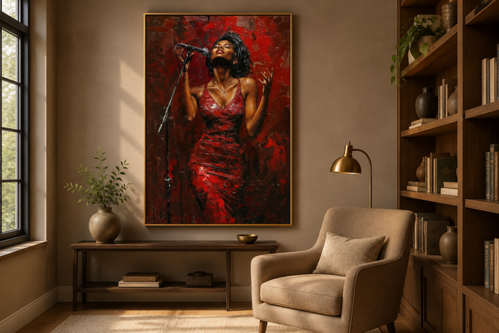 Framed canvas art of an African American woman jazz singer in a red dress in a modern living room.