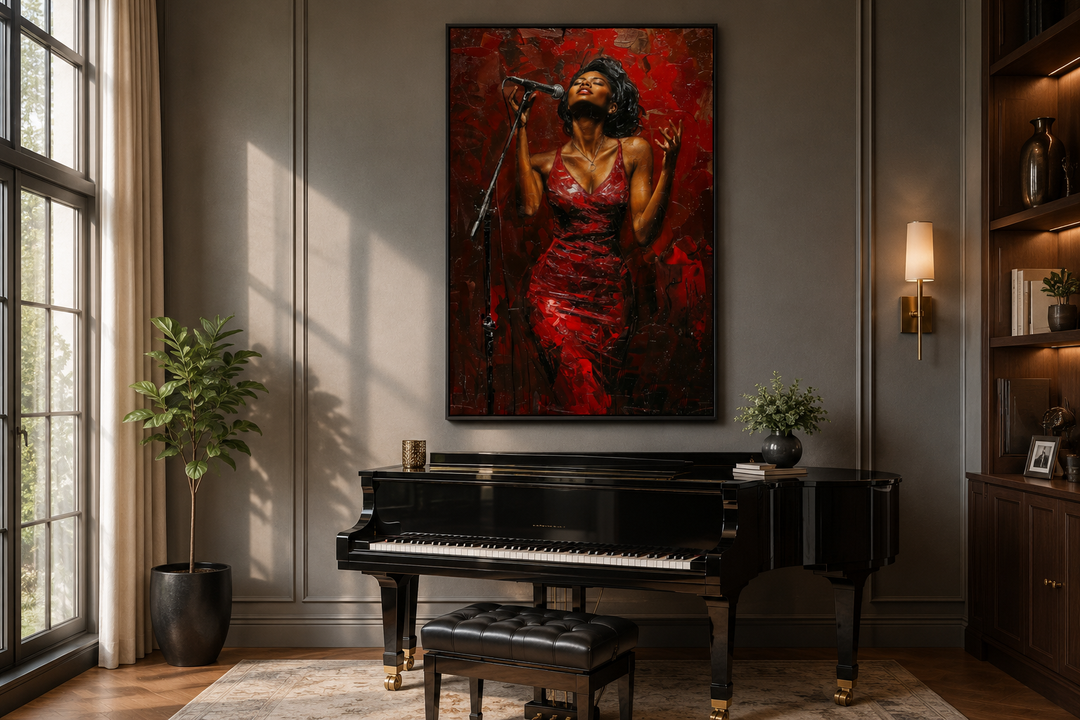 Framed canvas wall art of an African American woman jazz singer in a red dress above a grand piano.