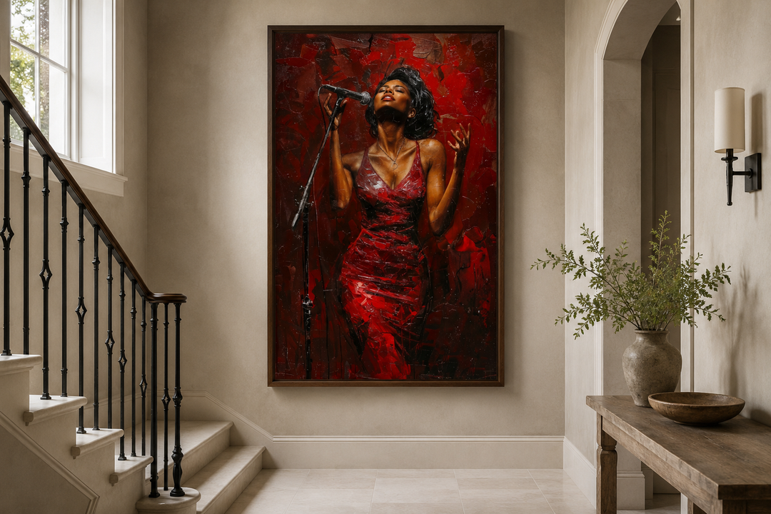 Framed canvas art of an African American woman jazz singer in a red dress on a neutral hallway wall.