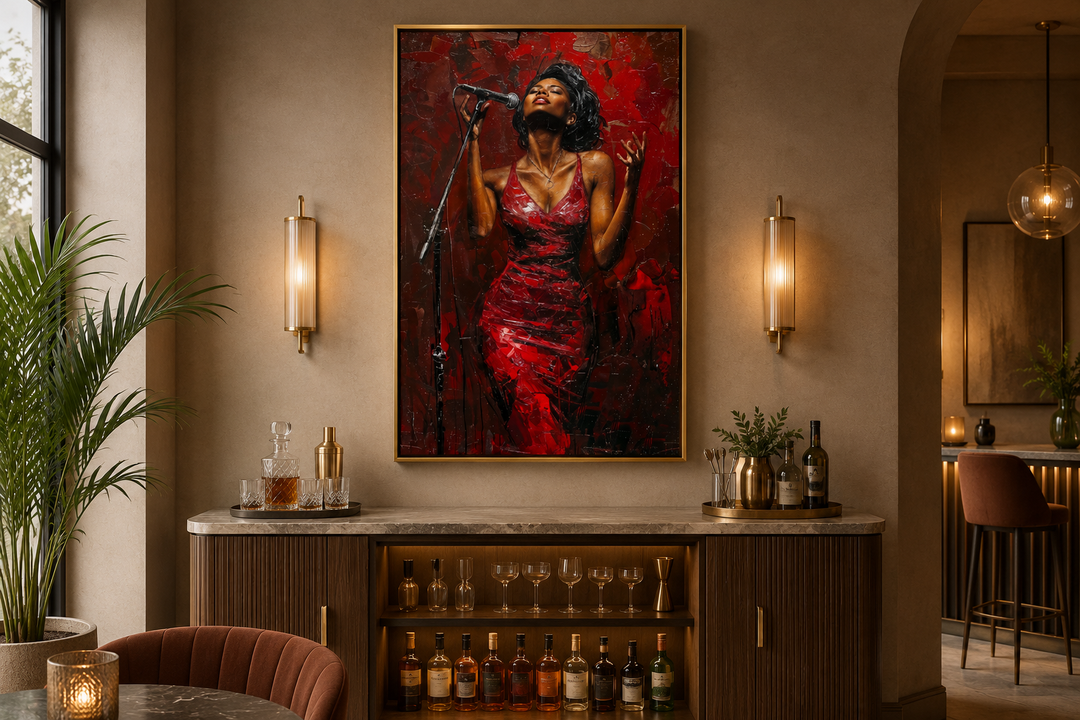 Framed canvas art of an African American woman jazz singer in a red dress above a home bar cabinet.