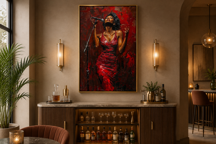 Framed canvas art of an African American woman jazz singer in a red dress above a home bar cabinet.