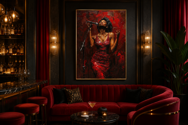Framed canvas wall art of an African American woman jazz singer in a red dress in a lounge setting.