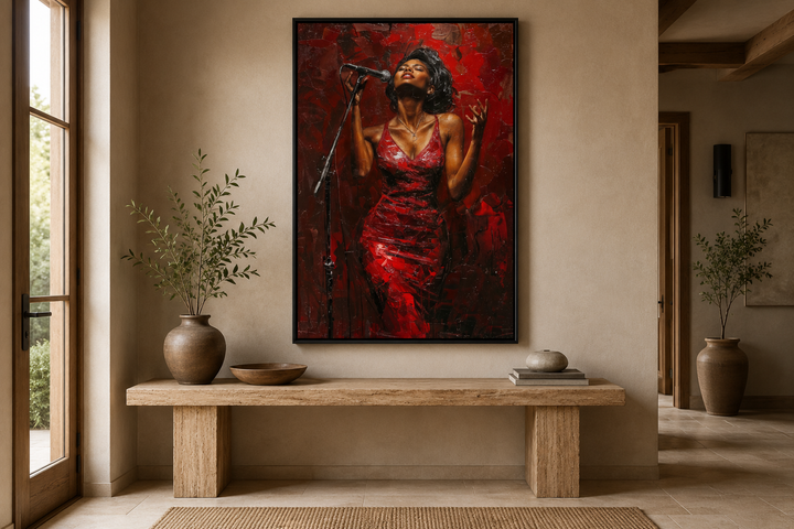 Framed canvas art of an African American woman jazz singer in a red dress on a neutral wall.