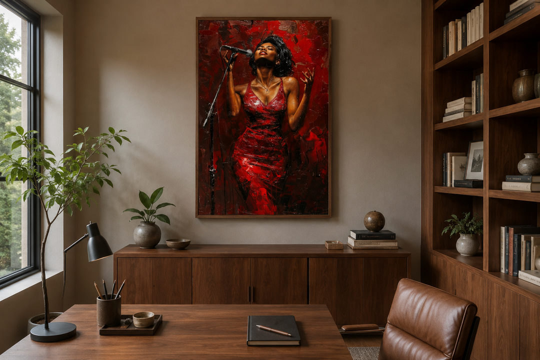Framed canvas wall art of an African American woman jazz singer in a red dress in a modern office.