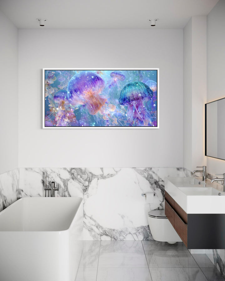 A horizontal canvas of colorful jellyfish in purple and blue tones hangs in a modern white bathroom.