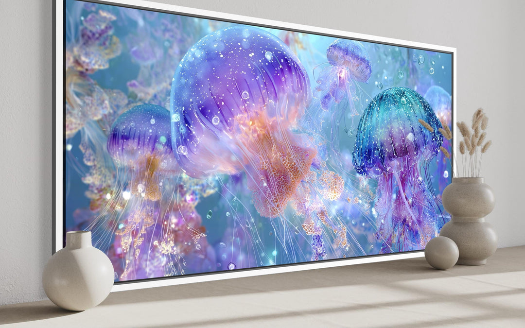 Vibrant jellyfish canvas wall art featuring purple, blue, and aqua tones in a modern room setting.