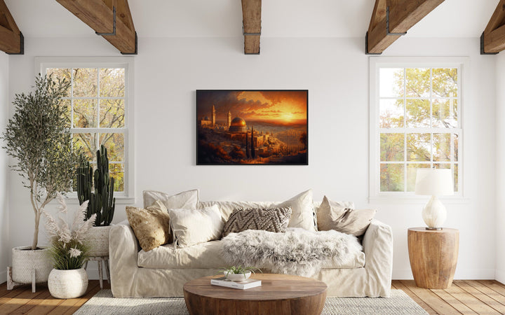 Jerusalem Old City Temples At Sunset Painting Canvas Wall Art above beige couch