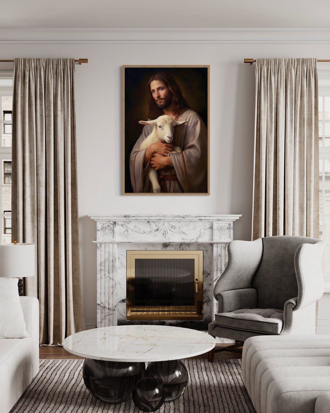 Jesus And Lamb Framed Canvas Wall Art