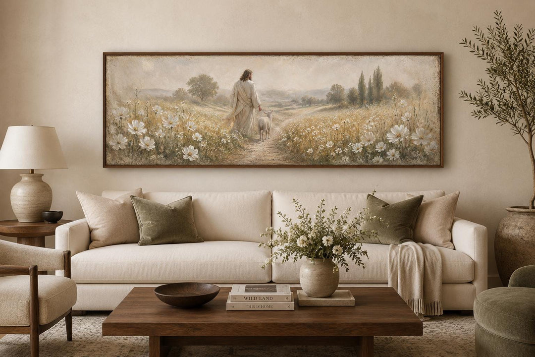 Wide horizontal canvas art of Jesus and a lamb in a wildflower field above a modern cream sofa.