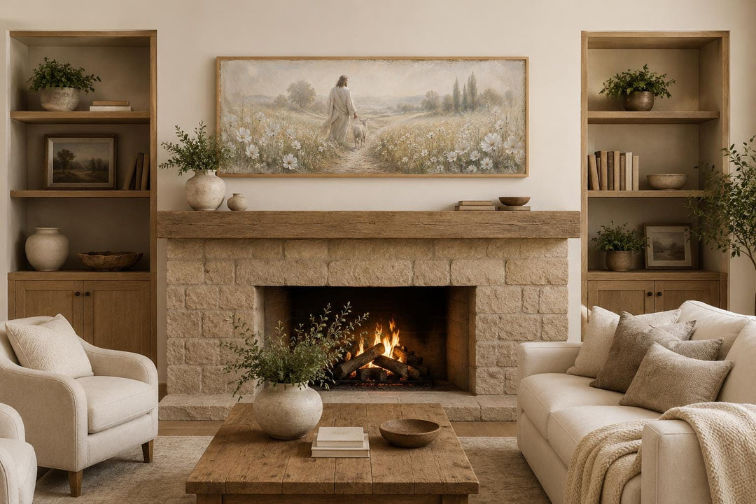 Jesus and lamb in a wildflower field canvas print hanging above a stone fireplace in a living room.