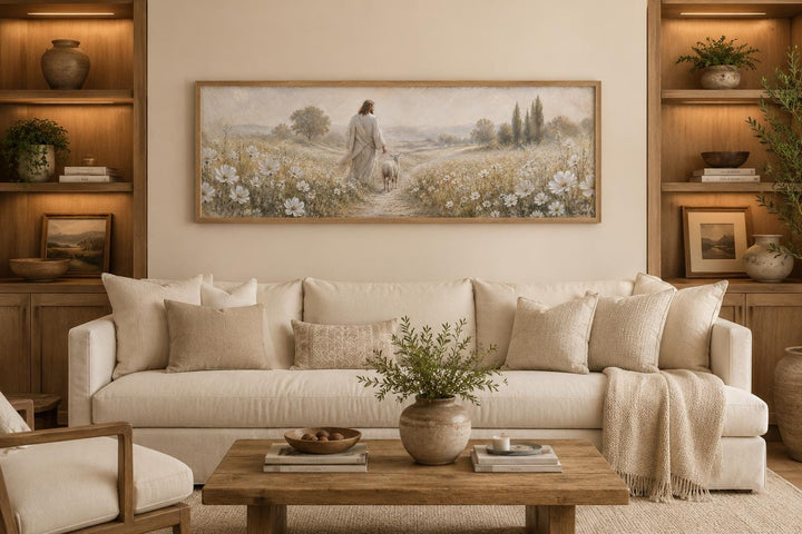 Jesus and lamb in wildflower field wall art canvas print above a sofa in a farmhouse living room.